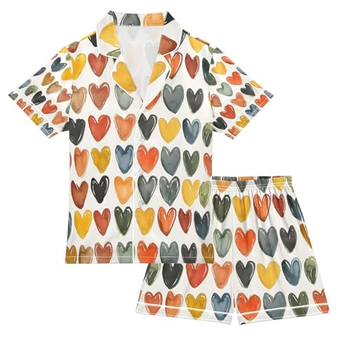 senya Watercolor Hearts Magic Satin Summer Pajama Sets Silk Short Sleeve Button Down Sleepwear