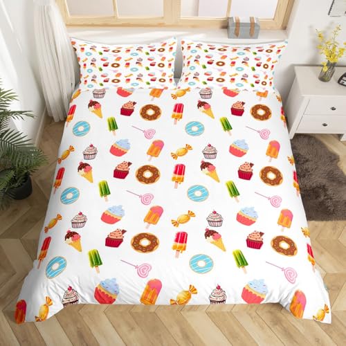Homewish Housse de Couette 140x200 Enfant Crème Glacée,Parure de Lit Enfant Cupcakes et Bonbons,Sets de Housses de Couettes Adolescents Donut Doux,Couvre Lit...