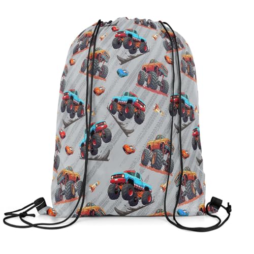 Cartoon Trucks Drawstring Backpack Blue Orange Off-Road Vehicle Gym Cinch Sack Sports Draw String Knapsack Grey Tire Print Cute Car Rocket Hippie Bag for Camping Climbing 13"x16"3