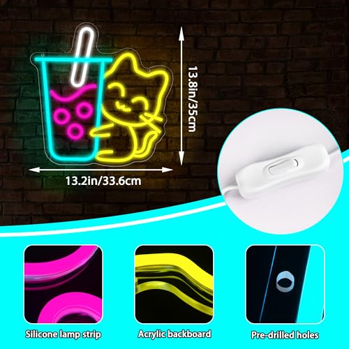Image of Cat Boba Tea Neon Sign for Wall Decor Dimmable Bubble Tea LED Neon Sign for Cafe Bar Restaurant Coffee Dessert Shop Bedroom Decoration Size13.2 * 13.7In(WZCP019)