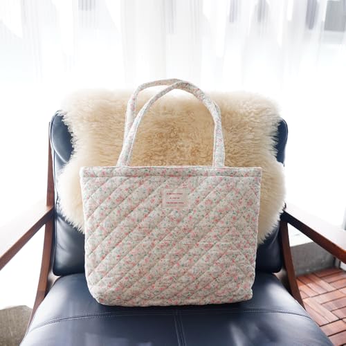 Image of Floral Quilted Cotton Shoulder Bag for Women Daily Use Medium Size Handbag Large Capacity Thickened Design Tote