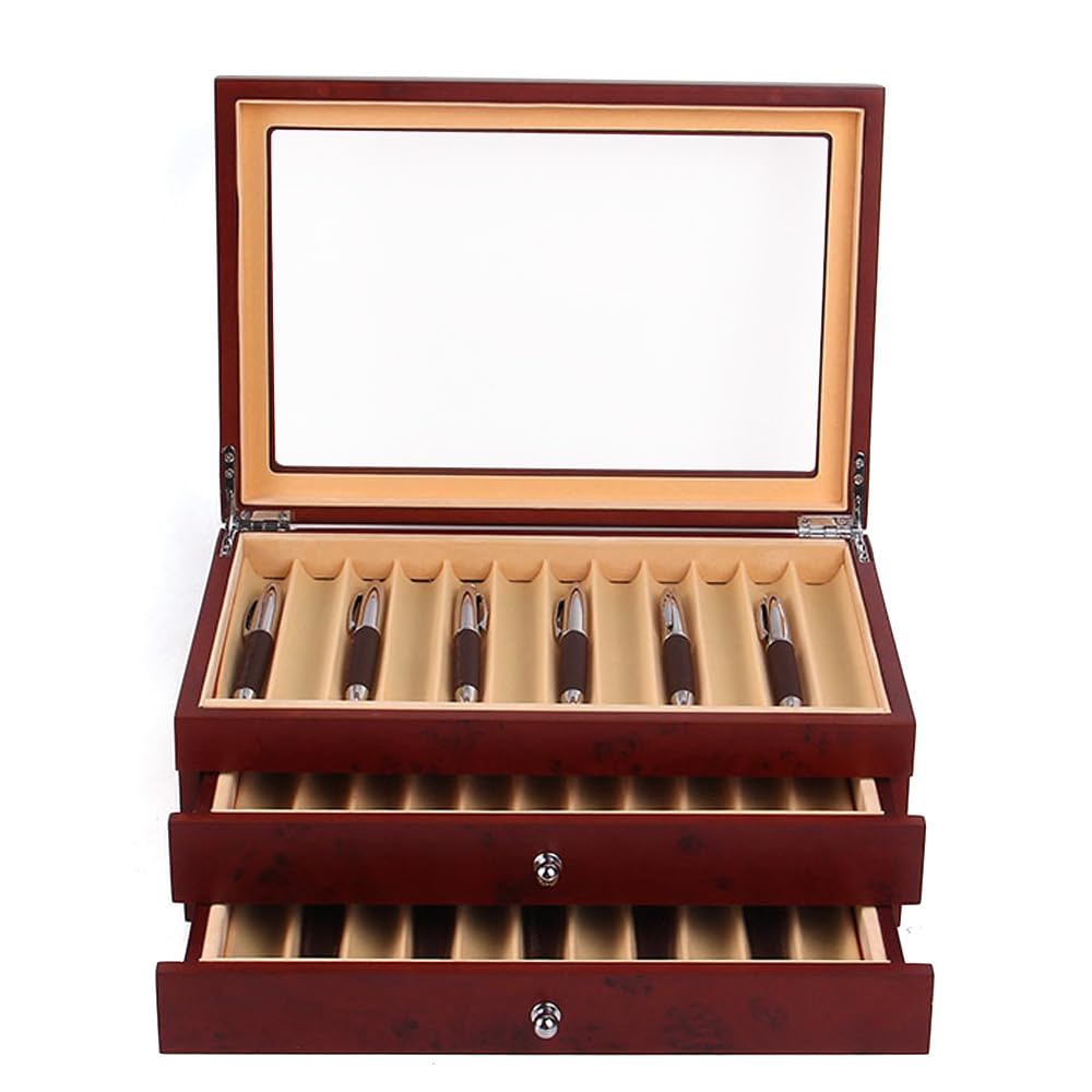 Stiftebox Holz, Aufbewahrungsbox für 34 Stifte Kugelschreiber, Glas-Aufbewahrungsbox mit Deckel, Glasfenster, Stiftsammlung, Vitrine, Stiftköcher