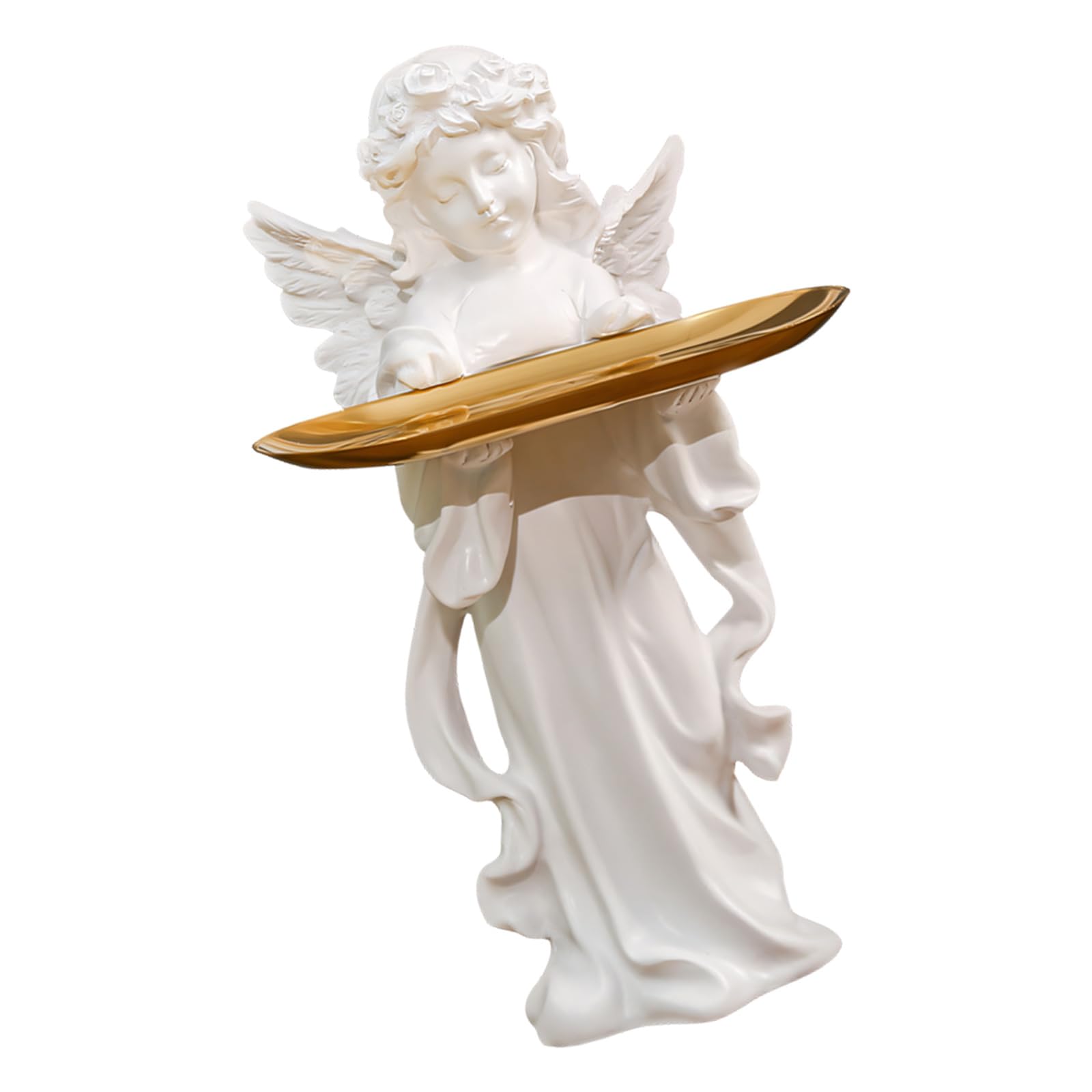 Hsioluted Handcrafted Resin Angelic Statue with Metal Jewelry Storage Tray Desktop Display Shelf for Organizing Small Items Jewelry Tray
