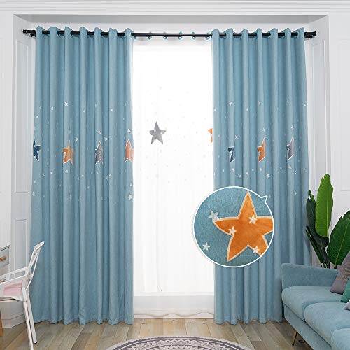 Autumn Dream Star Embroidery Linen Kids Blackout Curtains for Bedroom, Grommet Top Blue Kids Curtains for Nursery, Living Room (52by63 inch)