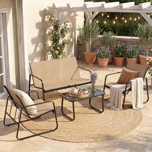GOPLUS Salon de Jardin 4 Personnes, 4Pcs Table Basse avec 2 Fauteuils Jardin+ Canapé...
