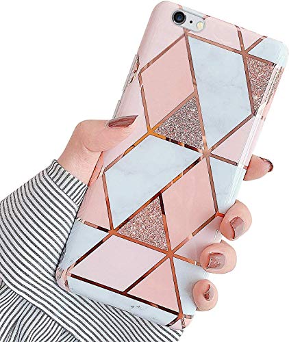 Uposao Compatible with iPhone 6S 4.7 Case Girls Women Sparkle Marble Geometric Pattern Glossy Slim Soft TPU Rubber Gel Case Slim Shockproof Flexible Bumper Silicone Cover,Pink White
