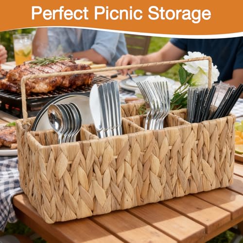 Wicker Silverware Organizer Basket,Hand Woven Kitchen Utensil Holder with Handles,Flatware Storage Caddy for Countertop Dining Picnic Party Table,Natural Cutlery Caddy for Plates,Napkins&Utensils