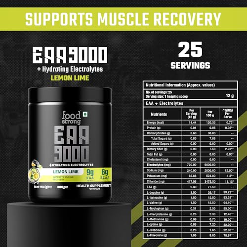 Image of Foodstrong EAA 9000 with Hydrating Electrolytes, Lemon Lime Flavour, 9g Essential Amino Acids (EAA) & 6g BCAA Per Serving - Supports Muscle Recovery & Rehydration - 300g, 25 Servings