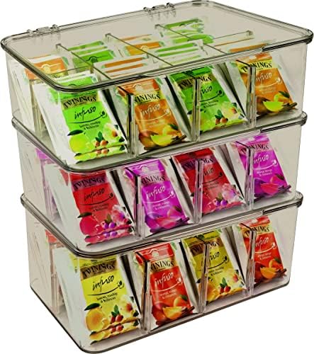 Utopia Home - Tea Bag Organizer - Stackable Tea Bag Storage Box with Clear Top Lid - Tea bag holder For Counter tops, Kitchen Cabinets, Pantry, Sweeteners (Grey)(Pack of 3)