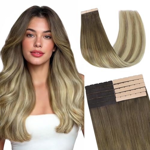 Image of GOO GOO Tape in Hair Extensions, Soft Skin Weft Seamless, Remy Human Hair | Mini Tape Cut to Fit, Easy Install, 18 Inch 40g 10PCS, 3 /8 /613 Balayage Walnut Brown to Ash Brown and Bleach Blonde