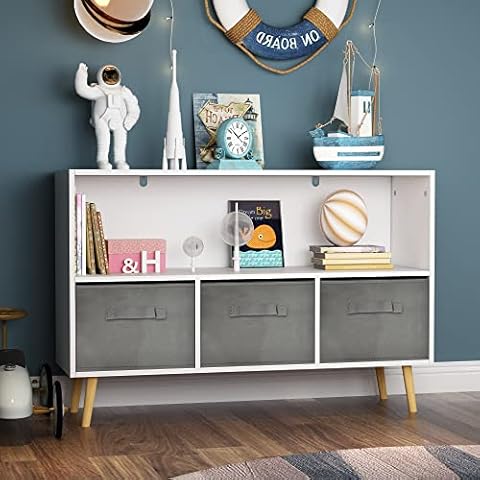 FAMIKITO Kids Bookcase with Fabric Storage Bins, Children Storage Bookshelf, Toy Storage Cabinet, Storage Display for Playroom Bedroom, White/Gray Cover