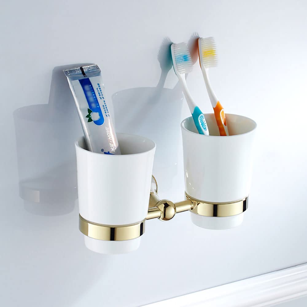 Soporte Doble Dorado for Cepillo de Dientes for baño, Soporte for Vaso de cerámica montado en la Pared de latón Simple con Taza de cerámica esmerilada, Organizador de Pasta de Dientes y maquinilla de