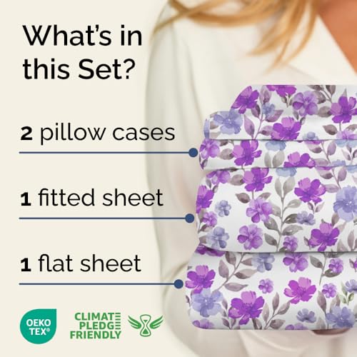 Image of Cal King 4 Piece Floral Sheet Set - Breathable & Cooling - Purple Bloom | 1 Flat, 1 Fitted & 2 Pillowcases w / Deep Pockets, Boho Botanical Floral Bedding, Breathable & Cooling, Wrinkle & Fade Free