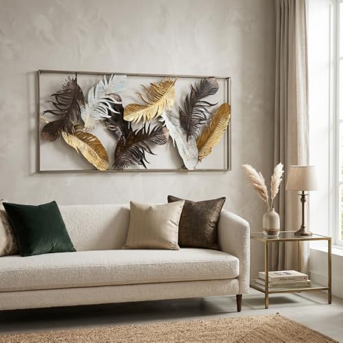 Image of Large 3D Metal Wall Art for Living Room - Framed Feather Wall Showpiece - Modern Sofa Back Wall Decoration Items & Aesthetic Bedroom Wall Hanging Decor - Big Size Home Interior Frame (Gold & Black)