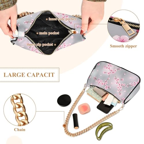 Pink Floral Cherry Blossom Flowers Tote Handbags Womens Ladies Shoulder Bag Floral Evening Clutch Purse Zipper Closure Chain Strap4
