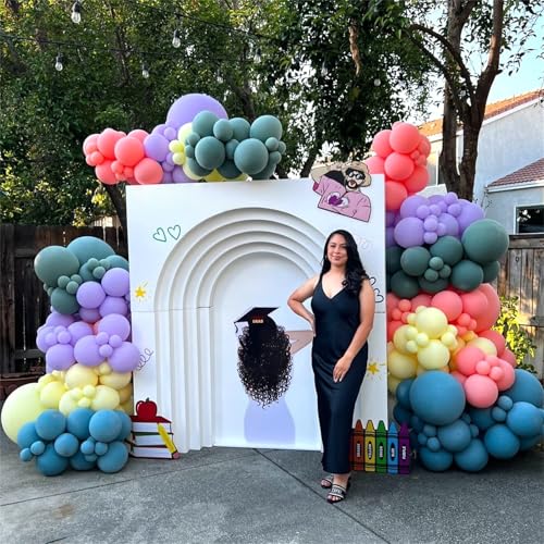 Image of 144PCS Rainbow Balloon Arch Kit, Assorted Colorful Balloon Garland with Dusty Slate Blue Retro Orange Balloons, Mustard Yellow Beige Balloons for Baby Shower Boho Groovy Birthday Party Decorations