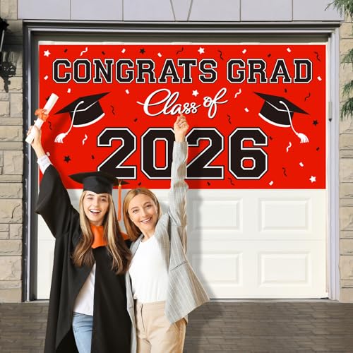 Image of 2026 Graduation Party Plastic Backdrop - 65 inch x 32.7 inch Congrats Grad Banner in Red, Large Class of 2026 Decorations, Photography & Grad Party Supplies