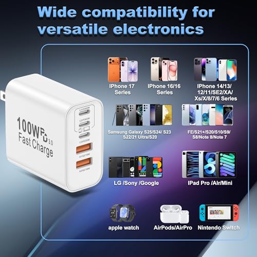 Image of USB C Charger Block, 2-Pack 100W 5-Port USB C Wall Charger iPhone Charger Fast Charging PD Power Adapter+QC Wall Plug Multiport Type C Brick Chargers for iPhone 17 16 15 14 13 Pro Max,Samsung,MacBook