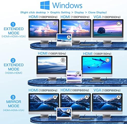 Docking Station Triple Monitor, USB Type C to 2 HDMI + VGA Adapter, 12 in 1 USB-C Hub, Laptop Docking Station Extended Display Multiport USB 3.0 SD/TF Audio for Dell, Surface, HP, Lenovo Laptops