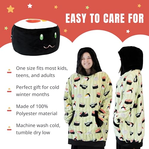 Image of Plushible Wearable Hooded Blanket for Adults, Oversized Hoodie with Sleeves & Pocket, 2-in-1 Comfy Hoodie Blanket Pillow - Sushi