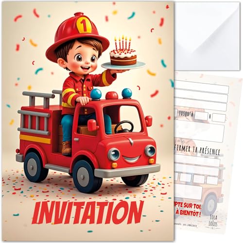 Lola et Louis (L&L) 10 Cartes Invitation Enfants avec Enveloppes • Thème Camion de Pompier pour Anniversaire et Fêtes • Faciles à Remplir •...