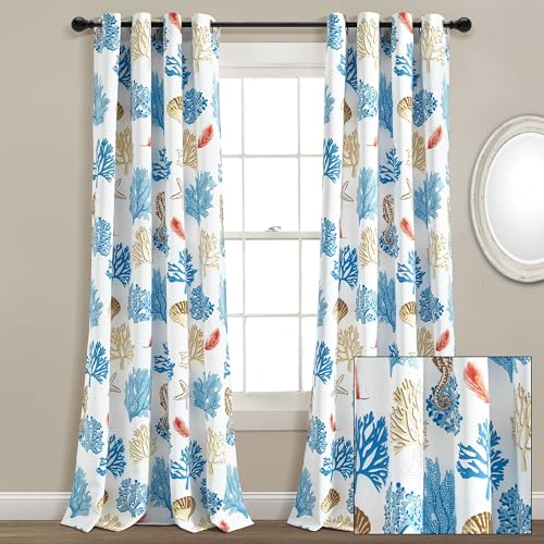 Lush Decor Coastal Reef Feather Light Filtering Window Curtain Panel, Single Panel, 52' W x 84' L, Blue & Coral - Nautical Coral Coastal Curtains - Beachy Curtains for Bedroom, Living Or Dining Room