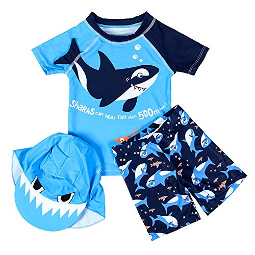 Toddler Boys Two Pieces Rashguards UPF 50+ Sun Protection Kids Blue Shark Swimsuit Bathing Suits with Sun Cap (Blue Shark, 3-4T)