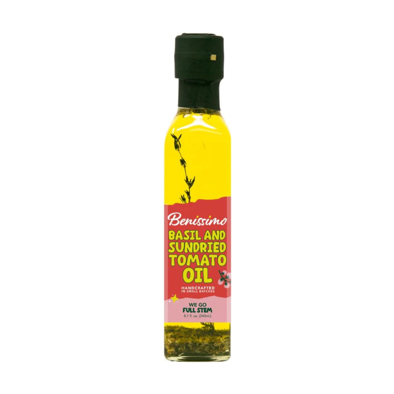 Benissimo Basil and Sun Dried Tomato Herb Infused Oil, All Natural Gourmet Cooking Oil with Garden-Fresh Herbs, Ideal for Dipping, Sautéing, Drizzling, 8.1 fl oz