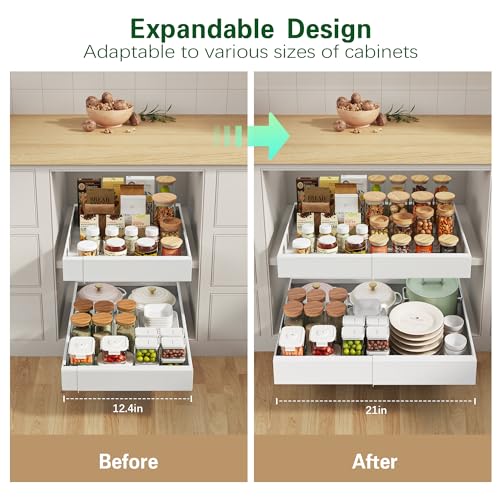 Expandable Pull Out Cabinet Organizer Adhesive,21"Deep 2Pack Slide Out Drawer for Kitchen Cabinets,Cabinet Pull Out Shelves For Kitchen Pantry Organization Adjustable Width 12.4"-20.47"White - Image 3