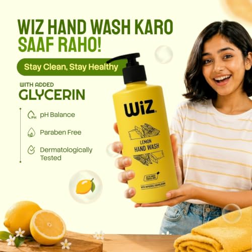 Image of Wiz Lemon Hand Wash 1 Litre Pump Bottle (Pack of 3)| Refreshing Lemon Fragrance Liquid Hand Soap | Moisturizing Daily Hand Cleanser for Kitchen & Bathroom | Improved Hygiene Formula