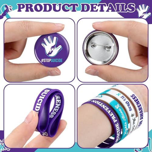 Remuuly 200 Pcs Suicide Prevention Awareness Accessories Set Include 100 Prevention Awareness Silicone Bracelet 100 Inspirational Pin for Teal and Purple Ribbon Week Mental Health Charity Supplies3