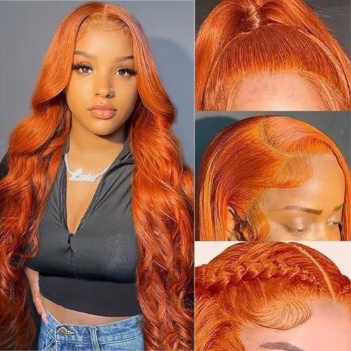 Aoque Ginger Lace Front Wigs Human Hair 180% Density 13x6 HD Transparent Body Wave Lace Frontal Wigs with Baby Hair Copper Colored Human Hair Wigs for Women 30 Inch