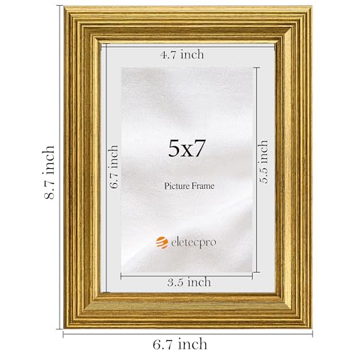 Image of eletecpro 5x7 Gold Picture Frames Set of 4, Vintage Photo Frames with Clear Acrylic Cover, Gallery Wall Art Display 4x6 Photo with Mat or 5x7 without Mat for Tabletop and Wall Mount, Home Decor