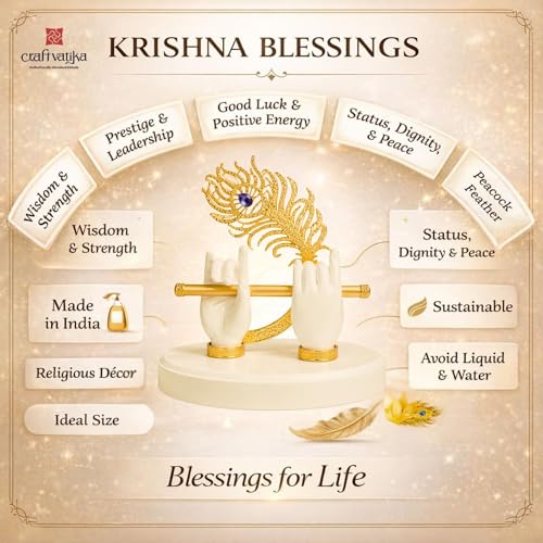 Image of CraftVatika Goldplated Krishna Hand with Flute Idol Peacock Feather Mor Pankh Showpiece,Housewarming Gift, Birthday Wedding Anniversary Janmashtami Gift,Home Decor Decoration Items for Living Room