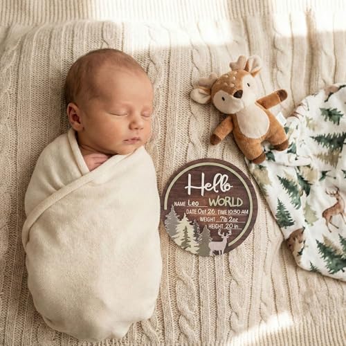 Baby Announcement Sign, Brown Wooden Hello World Newborn Sign with Stand, 3D Green Forest Tree Deer Name Board, Welcome Birth Decorations for Hospital Nursery New Baby Shower Photo Prop Gift — 사진 6