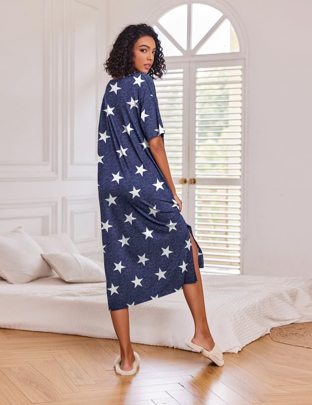 Ekouaer Long Nightgown for Women Short Sleeve Sleepwear Plus Size Loungewear with Pockets M-5XL - Image 5