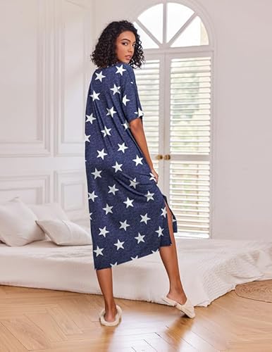 Ekouaer Camisola longa feminina de manga curta plus size com bolsos M-3GG, Estampa de estrela, G