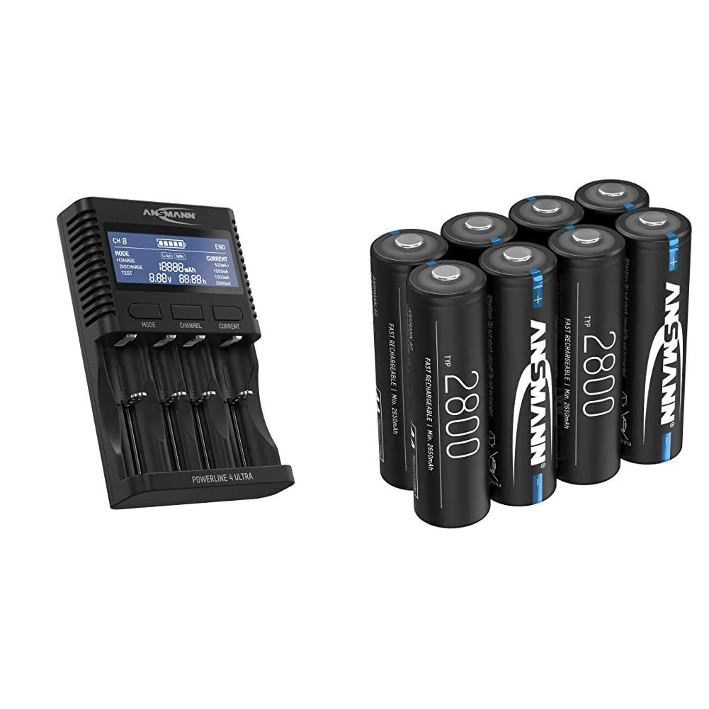 Ansmann für AA/AAA/C/D NiMH Akkus & Li-Ion 18650/26650 Batterieladegerät, schwarz & Akku AA Typ 2800mAh NiMH 1,2V - Mignon AA Batterien wiederaufladbar, Modellbau (8 Stück)