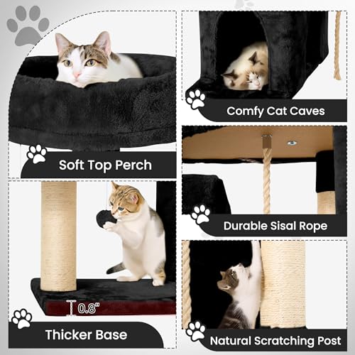 Image of 58.5inch Large Cat Tree Tower Condo for Indoor Cats, Soft Plush Multi-Level Climbing Tree Cat House with Cat Cave, Scratching Post, More Entrance /Exit, Sisal Rope, Night Black