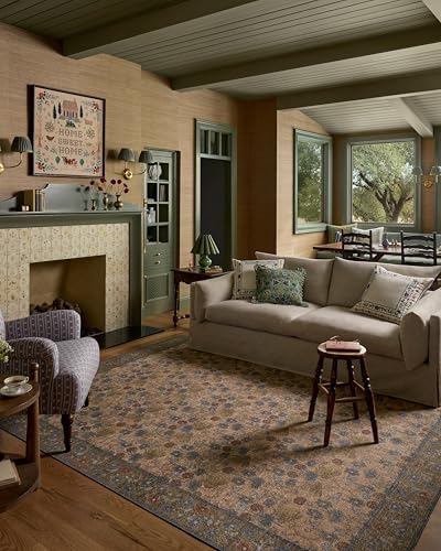 Loloi Rifle Paper Co. Edinburgh Collection EDN-02 Tan/Olive 2'-6" x 9'-6" Runner Rug Jute, Natural, Floral, Vintage Inspired, Low Pile, Living Room, Bedroom, Dining, Bedroom, Carpet