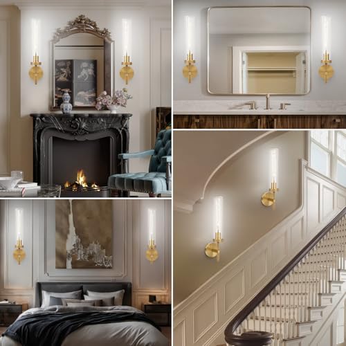 Image of Brass Wall Sconces Set of Two with White Lights, 19.5'' Brushed Brass Knurled Bathroom Sconces Wall Lighting Vanity Light with Clear Glass for Living Room Mirror Bedroom Stairs