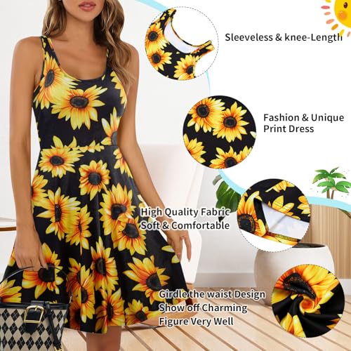 Image of uideazone Sunflower Dresses for Women Ladies Deep U Neck Sleeveless A Line Pleated Sundress Casual Flared Midi Halter Dress for Vacation