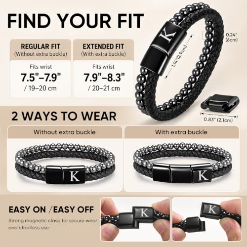 Initial Bracelet for Men, Black Hematite Beads & Braided Leather Bracelet - image 5