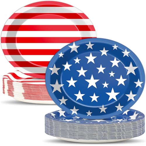 Qyeahkj 50 PCS Patriotic Oval Paper Plates Large 11” Disposable 4th of July American Flag Party Decorations Independence Day Supplies Favor for Veterans Election Day Memorial Day Party Tableware Set