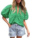 PRETTYGARDEN Women's Summer Tops Dressy Casual Short Lantern Sleeve V Neck Buttons Hollow Out Lace Embroidered Blouses Shirts (Green,Small)
