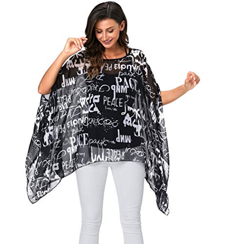 Womens Floral Printed Bohemian Chiffon Blouse Caftan Poncho Tunic Cover up Batwing Loose Tops (Floral HDFH)