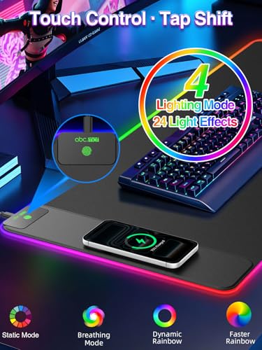 Image of RGB Gaming Mouse Pad with 15W Magnetic Wireless Charging, 31.5'' x 15.8'' | 24 Lighting Effects Desk Mat LED Mousepad with Non-Slip Rubber Base, Light up Your Desk, Waterproof Ultra-Smooth Surface