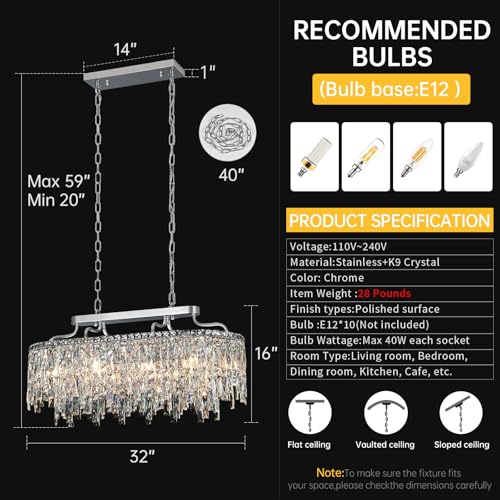 Image of 32 inch 10 Light Oval Chrome Crystal Chandeliers for Dining Room