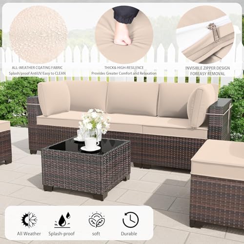 Image of 11 Pieces Outdoor Patio Furniture Set,Outdoor Sectional Furniture with 45 inch 55000 BTU Gas Propane Fire Pit Table,PE Rattan Wicker Patio Conversation Set,Swivel Rocking Chairs Set,Sand