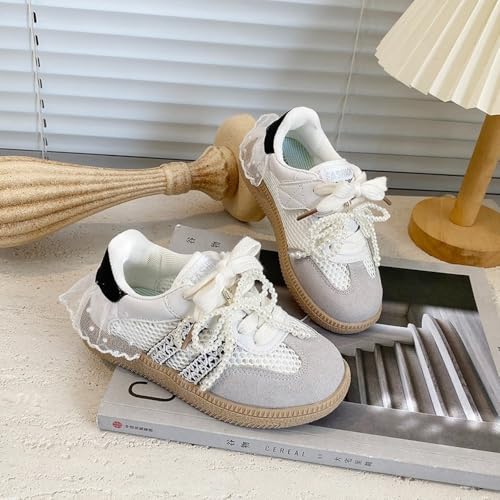 Cute Sneakerina Ballet Sneakers for Kids Chunky Platform Leather Mesh Pearl Bow Lace Ballet Shoes for Back to School, Toddler Girls Fashion Gifts4